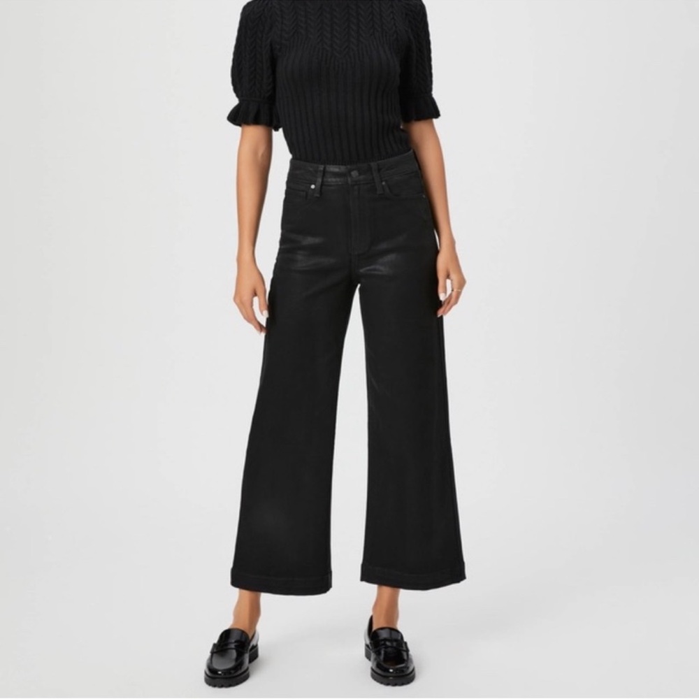 Paige Anessa Black Coated Wide Leg Jeans High Rise Cropped Women’s Size 32